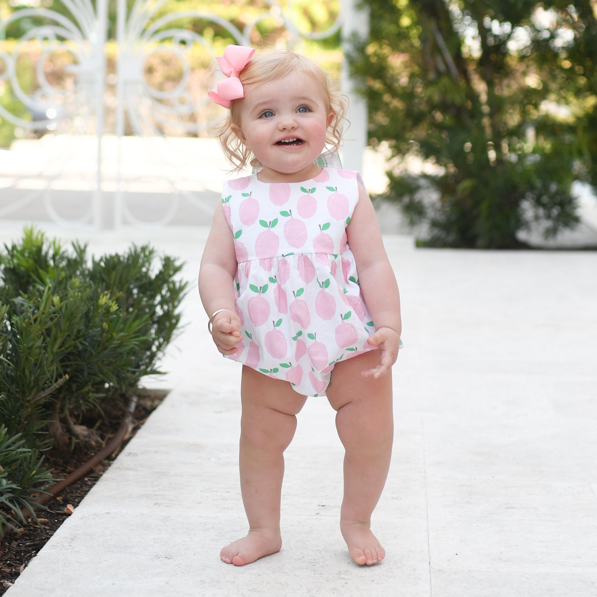 Lottie Bubble Pink Lemons with Mint Stripe Back Bow Bubble